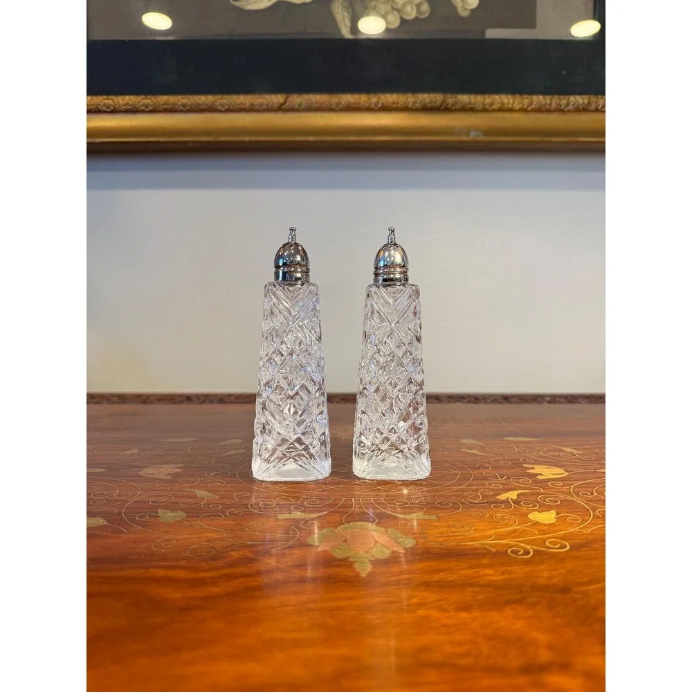 Vintage Cut Glass Salt Pepper‎ Shakers, Tall Diamond Pattern, Metal Lids